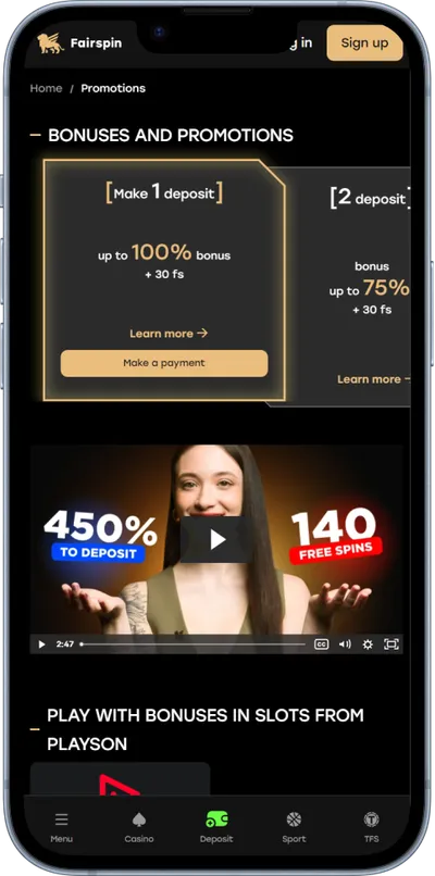 fairspin casino phone screen promotions