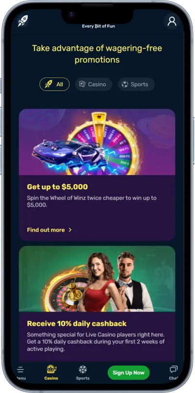 winz casino phone screen promotions